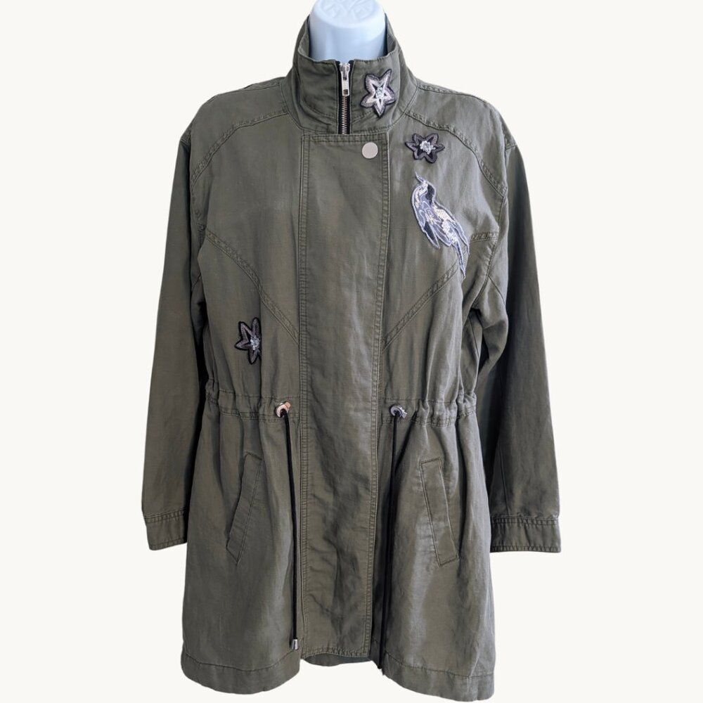 Cabi Hanson Anorak 3371 Olive Green Linen Utility Military Jacket Sequin Bird S